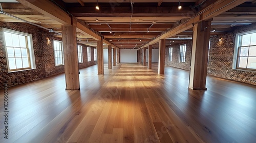 61. A large, empty warehouse with exposed brick and wooden beams