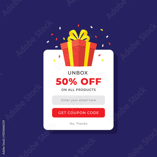 Coupon pop up message with discount and CTA set of coupons, coupon codes, gift box unbox modern coupon with discount values, vouchers 10%, 20%, 25%, 30%, 40%, 50%, 60%, 70%, 80%