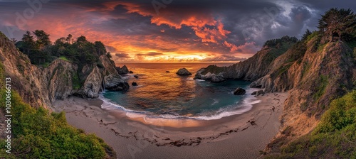 An aerial view of the Big Sur coastline at sunset, California, USA