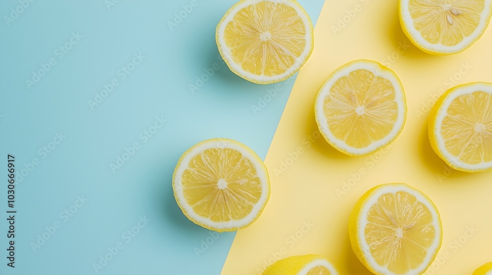 Zesty Sliced Lemons with Fresh Juice - Refreshing Summer Vibe on Pastel Yellow Surface for Bright and Cheerful Culinary Designs