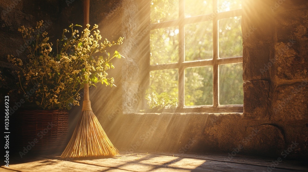 A broom leans against a window sill bathed in golden sunlight with flowers in a basket behind it. A broom leans against a window sill bathed in golden sunlight with flowers in a basket behind it.