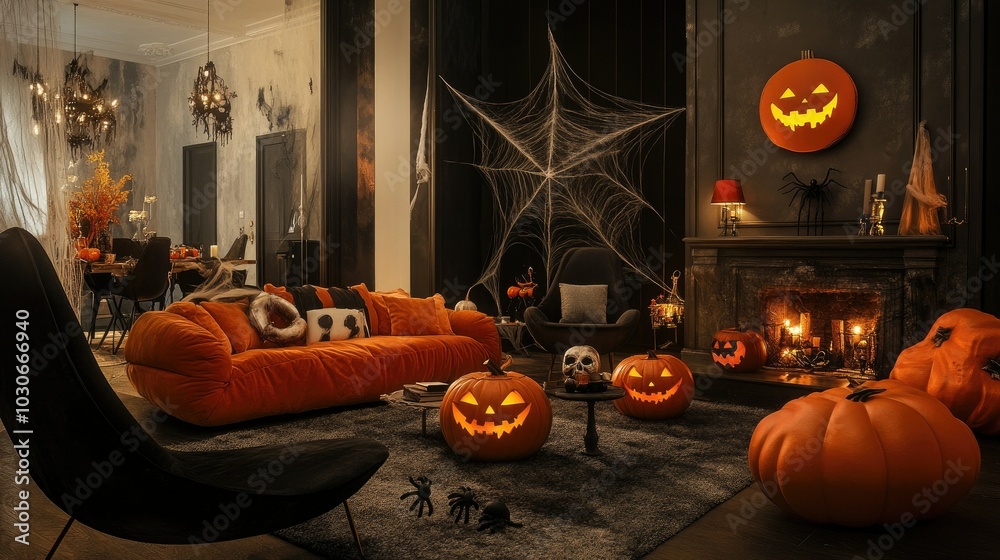 Obraz premium Dark-themed Halloween living room party with pumpkins carved into spooky faces, fake spiders crawling on the walls, and cobwebs draping the furniture. Black and orange decor.
