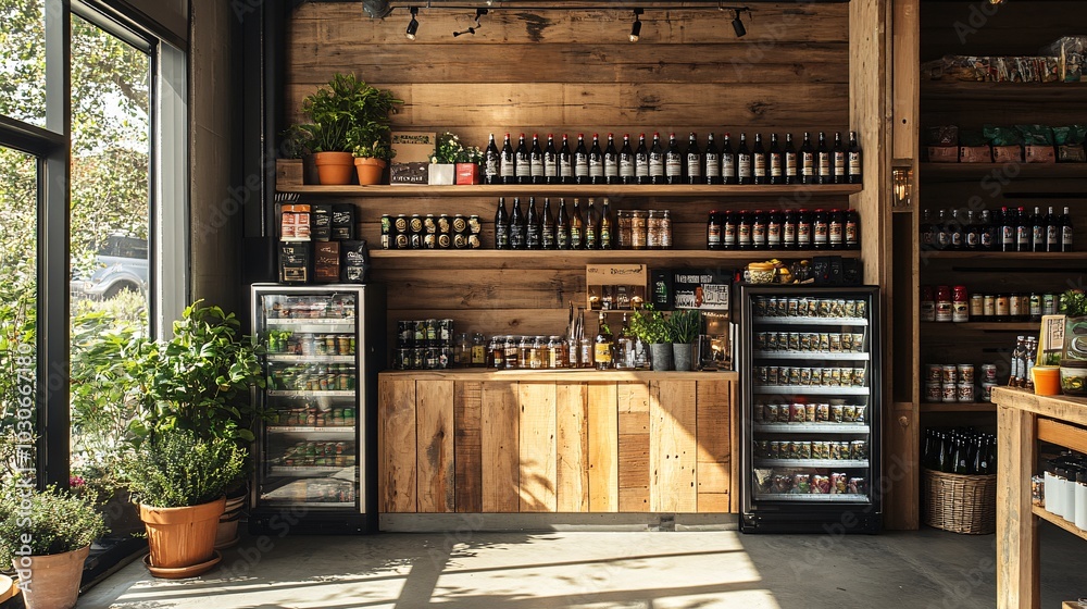Stylish Retail Display with Wooden Shelves and Products Stylish Retail Display with Wooden Shelves and Products