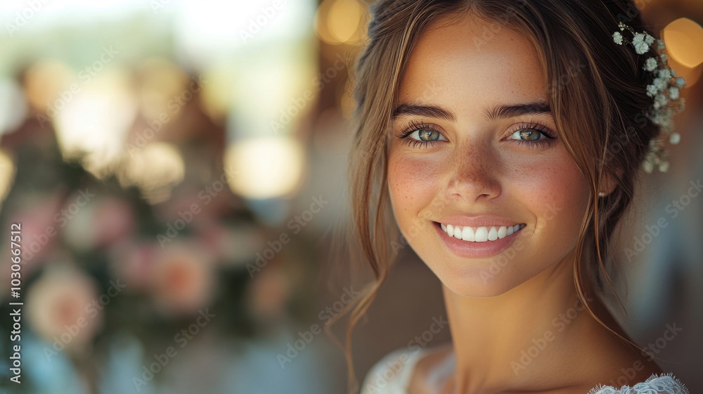 Portrait of a beautiful bride smiling with flowers in her hair. Portrait of a beautiful bride smiling with flowers in her hair.
