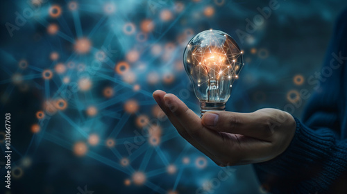 Businessman holding light bulb with brain inside