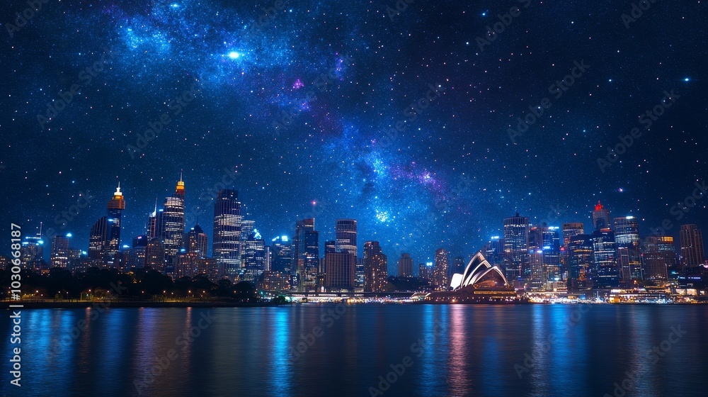 Fototapeta premium Vibrant cityscape of Sydney Harbour featuring a stunning view with deep space in the background, showcasing colorful spraypaint art that captures the dynamic essence of urban life and creativity.