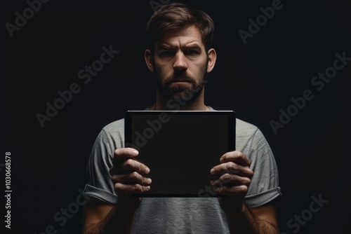 Showcase screen man in his 30s holding a tablet with an entirely black screen