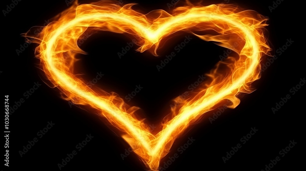 Fototapeta premium Burning Heart of Fire. Isolated On Black Background, Flame Heart Shape, Bright Fire Burning A Heart.