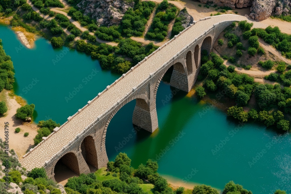 Fototapeta premium 3D model of an old stone bridge, spanning across a virtual river