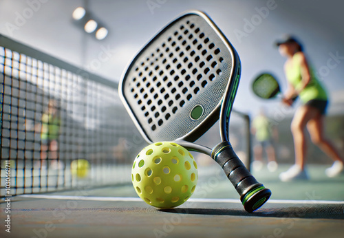 Low angle view Pickleball paddle or racket and ball on a court with empty space, sports equipment, new racket sports game concept for advertising