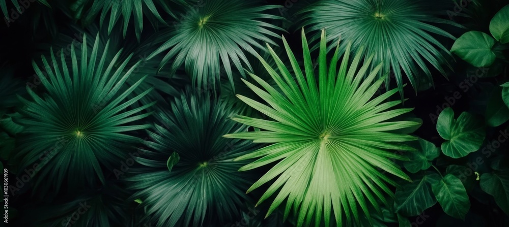 Lush Tropical Green Palm Leaves with Deep Shadows, Vibrant Green Foliage Texture Background. Lush Tropical Green Palm Leaves with Deep Shadows, Vibrant Green Foliage Texture Background.