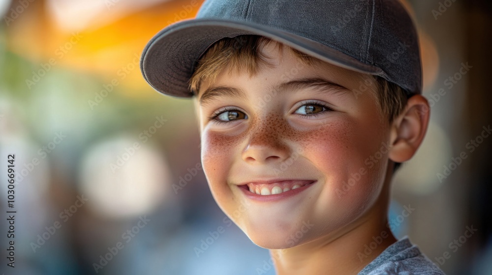 Portrait of a smiling boy with freckles and a grey baseball cap. Portrait of a smiling boy with freckles and a grey baseball cap.