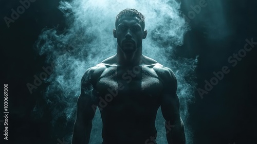 A bodybuilder shows off his muscles with a silhouette of a little light behind him in a minimalist empty area, there is a smoke effect that adds to the cool masculinity
