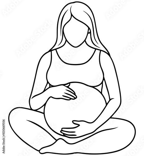 Pregnant woman sitting with hands on her belly, outline illustration for motherhood concept