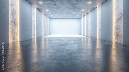 Modern empty room with minimalist design and ambient lighting.