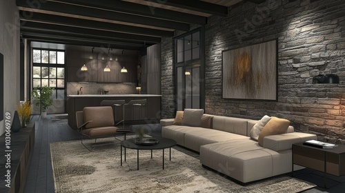 Industrial-chic penthouse living room with dark stone walls, exposed metal beams, and modern furniture. Neutral tones blend with natural light for a sophisticated look.