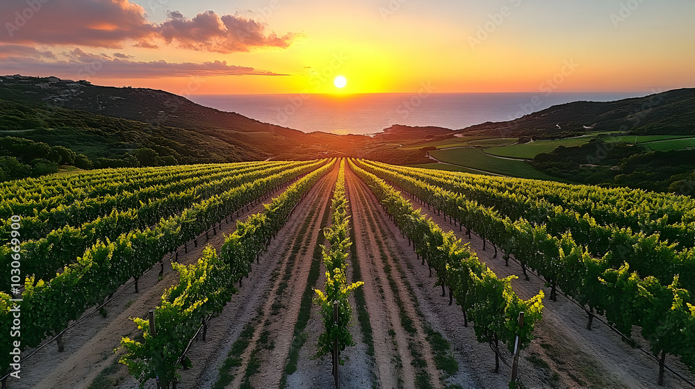 Sunset over a vineyard with rows of grapevines and ocean view. Sunset over a vineyard with rows of grapevines and ocean view.