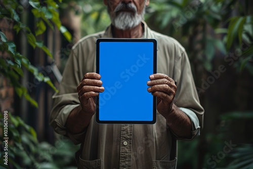 App preview man in his 50s holding a tablet with a completely blue screen photo