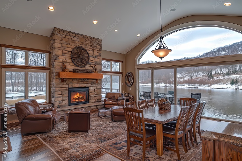Fototapeta premium Cozy waterfront living room with a fireplace and stunning lake view during winter in a modern home. Generative AI
