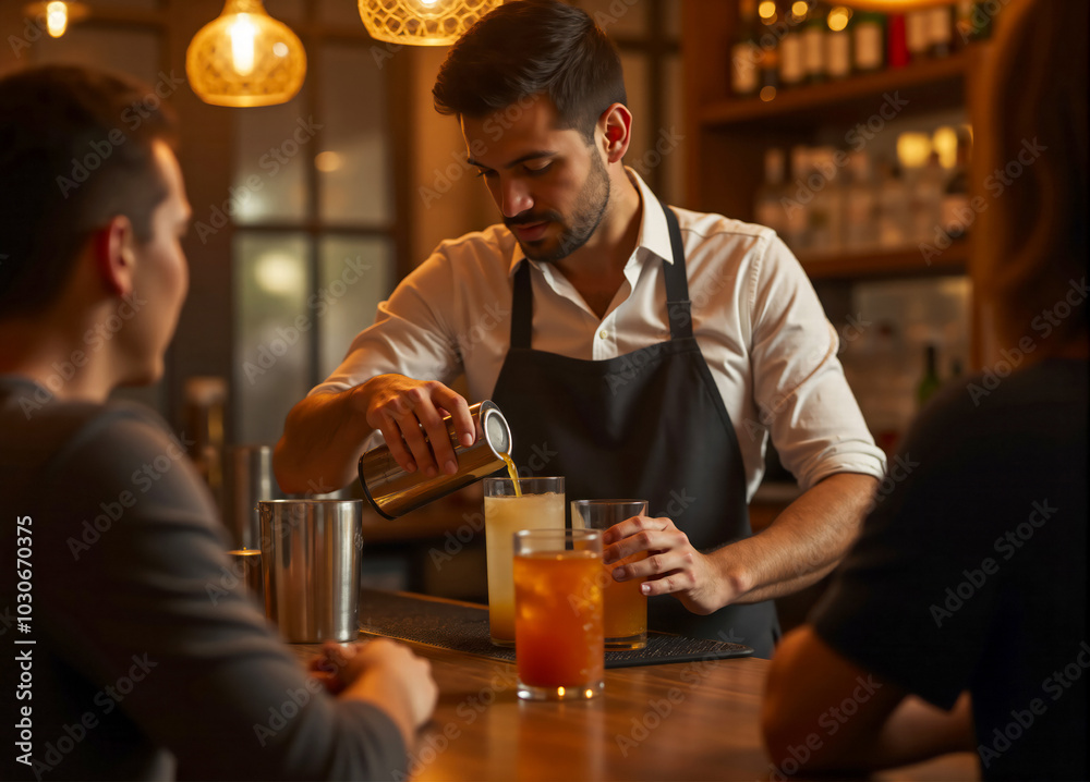 Bartender preparing cocktail for customer at counter in bar Bartender preparing cocktail for customer at counter in bar