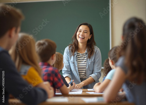 Teacher laughing with students in elementary school classroom