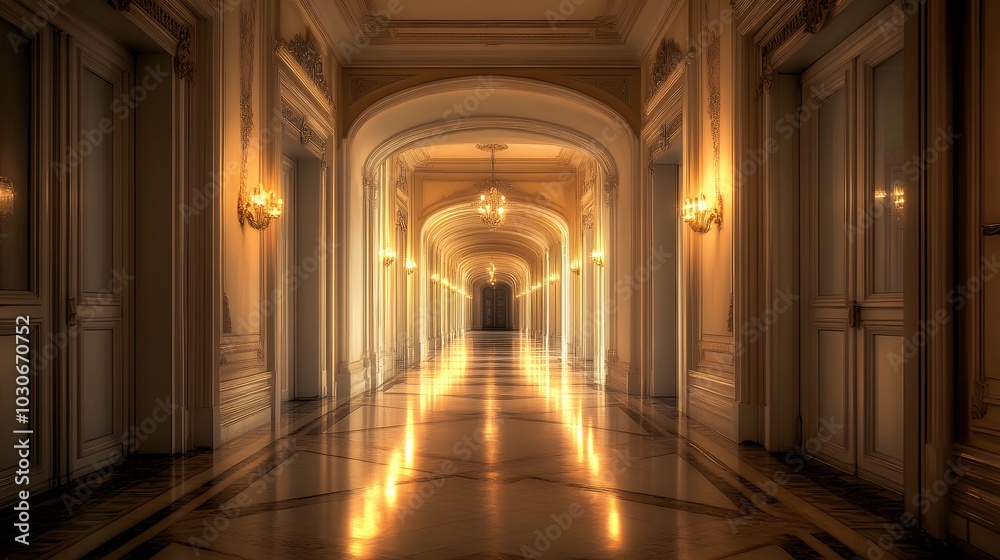 Fototapeta premium 47. An elegant empty hallway with decorative molding and soft lighting