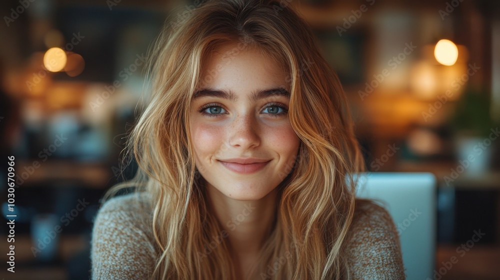 Portrait of a young woman with blonde hair and blue eyes smiling at the camera in a coffee shop. Portrait of a young woman with blonde hair and blue eyes smiling at the camera in a coffee shop.