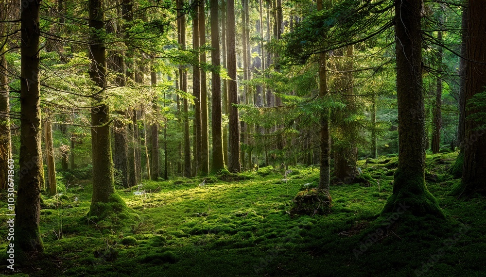 Fototapeta premium Serene Forest Landscape with Moss Covered Ground and Tall Pine Trees in Misty Atmosphere. Nature's Tranquil Oasis for Mindful Escapes, Backgrounds, or Eco Themed Projects