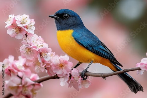 Colorful bird perched on a blooming branch, painted with soft watercolor strokes