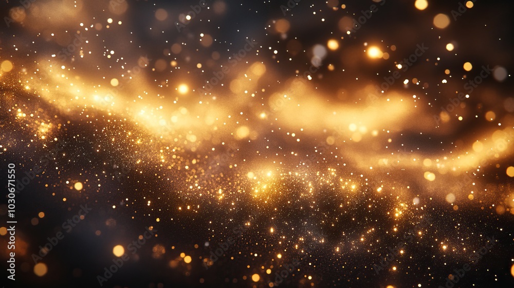 Obraz premium Abstract golden particles shimmering against a dark background, creating a magical and festive atmosphere.