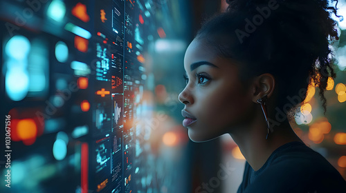 A young woman gazes intently at a digital interface.