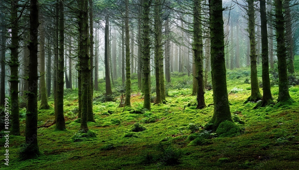 Fototapeta premium Serene Forest Landscape with Moss Covered Ground and Tall Pine Trees in Misty Atmosphere. Nature's Tranquil Oasis for Mindful Escapes, Backgrounds, or Eco Themed Projects