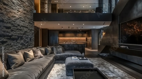 Penthouse loft living room with dark stone accent wall, plush grey sectional sofa, and contemporary decor. Warm lighting and elegant textures create a luxurious atmosphere.