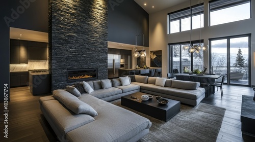 Penthouse loft living room with dark stone accent wall, plush grey sectional sofa, and contemporary decor. Warm lighting and elegant textures create a luxurious atmosphere.