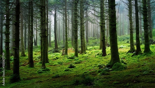 Wallpaper Mural Serene Forest Landscape with Moss Covered Ground and Tall Pine Trees in Misty Atmosphere. Nature's Tranquil Oasis for Mindful Escapes, Backgrounds, or Eco Themed Projects Torontodigital.ca