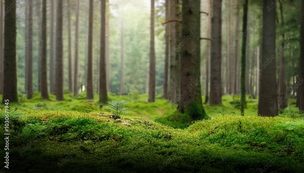 Serene Forest Landscape with Moss Covered Ground and Tall Pine Trees in Misty Atmosphere. Nature's Tranquil Oasis for Mindful Escapes, Backgrounds, or Eco Themed Projects Serene Forest Landscape with Moss Covered Ground and Tall Pine Trees in Misty Atmosphere. Nature's Tranquil Oasis for Mindful Escapes, Backgrounds, or Eco Themed Projects
