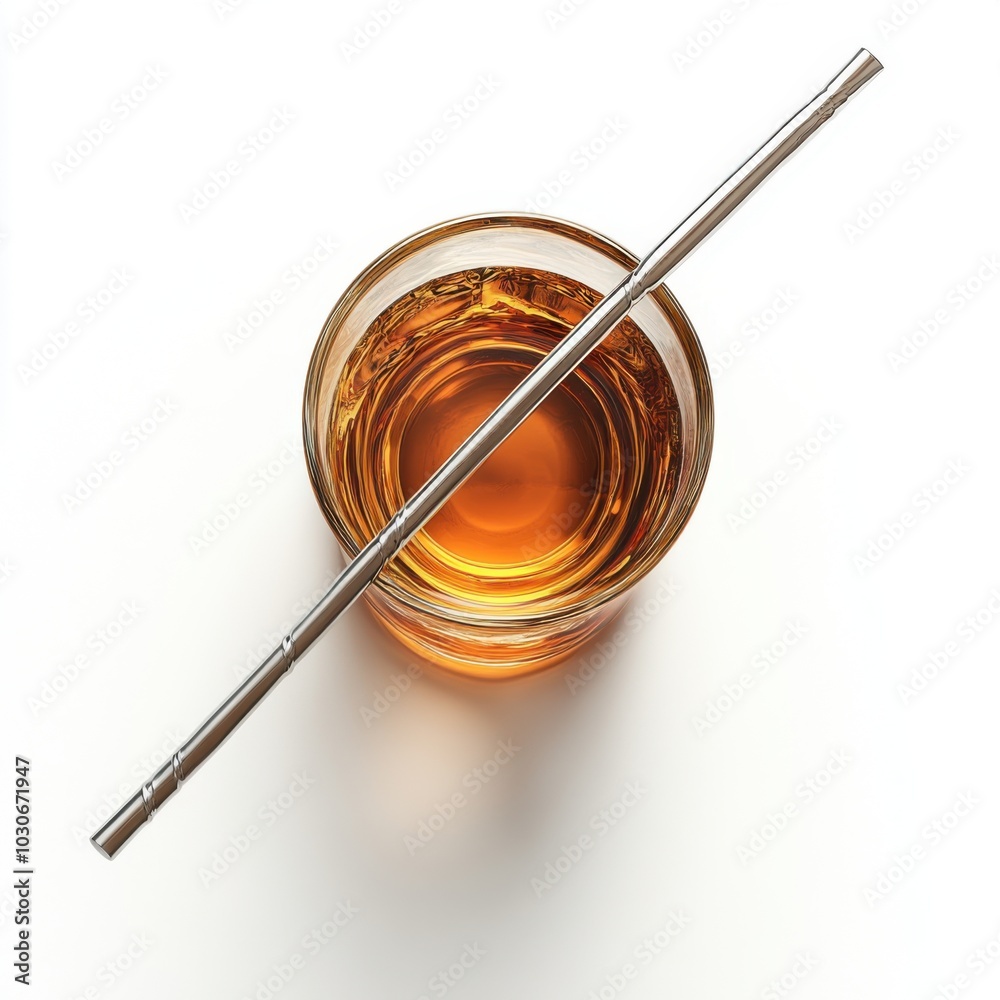 Glass of whiskey with a metal straw on white background, top view.
