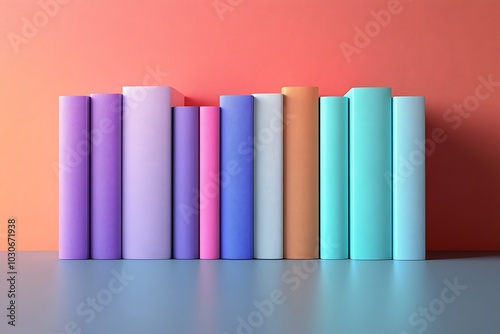 A row of colorful pastel books on a gray surface against a vibrant background