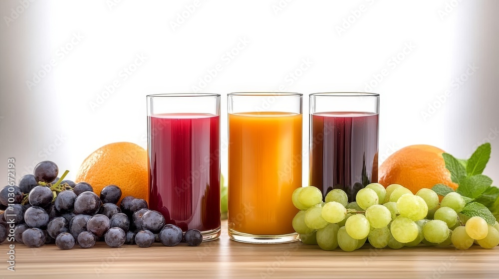 Three Glasses of Grape, Orange, and Mixed Fruit Juice Surrounded by Fresh Fruits on Table. Three Glasses of Grape, Orange, and Mixed Fruit Juice Surrounded by Fresh Fruits on Table.