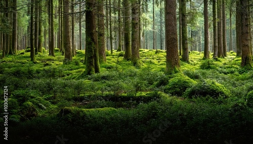 Serene Forest Landscape with Moss Covered Ground and Tall Pine Trees in Misty Atmosphere. Nature's Tranquil Oasis for Mindful Escapes, Backgrounds, or Eco Themed Projects