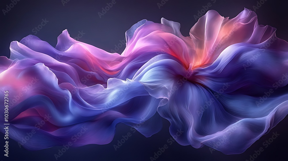 Abstract swirling flowing fabric in pink, purple, and blue colors on a dark background. Abstract swirling flowing fabric in pink, purple, and blue colors on a dark background.