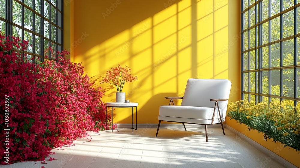 Yellow wall with white chair and lamp. Generative ai Yellow wall with white chair and lamp. Generative ai