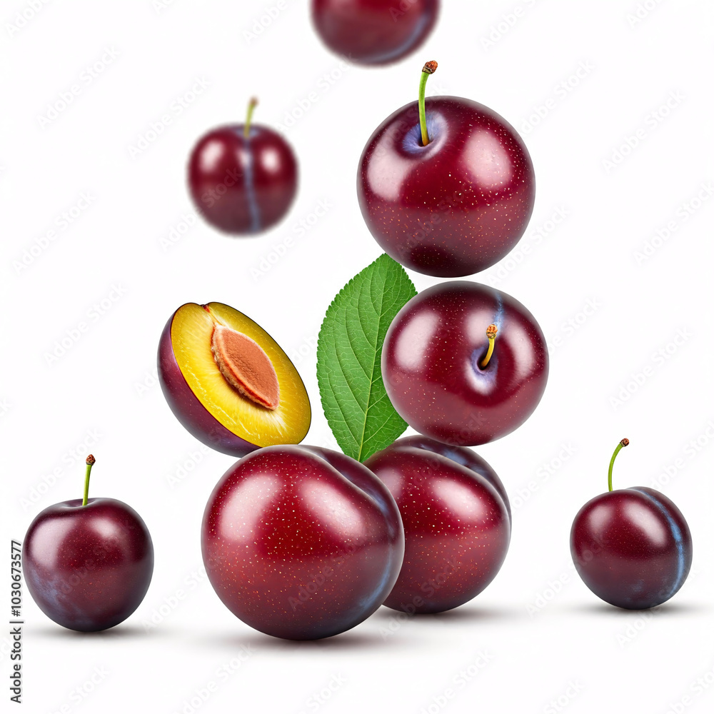 fresh red plums with green leaf falling on white background fresh red plums with green leaf falling on white background