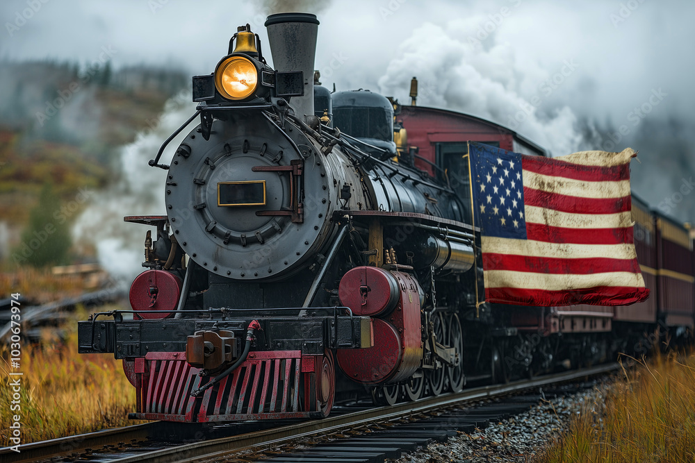 Fototapeta premium Locomotive passenger train with usa America flag in the background