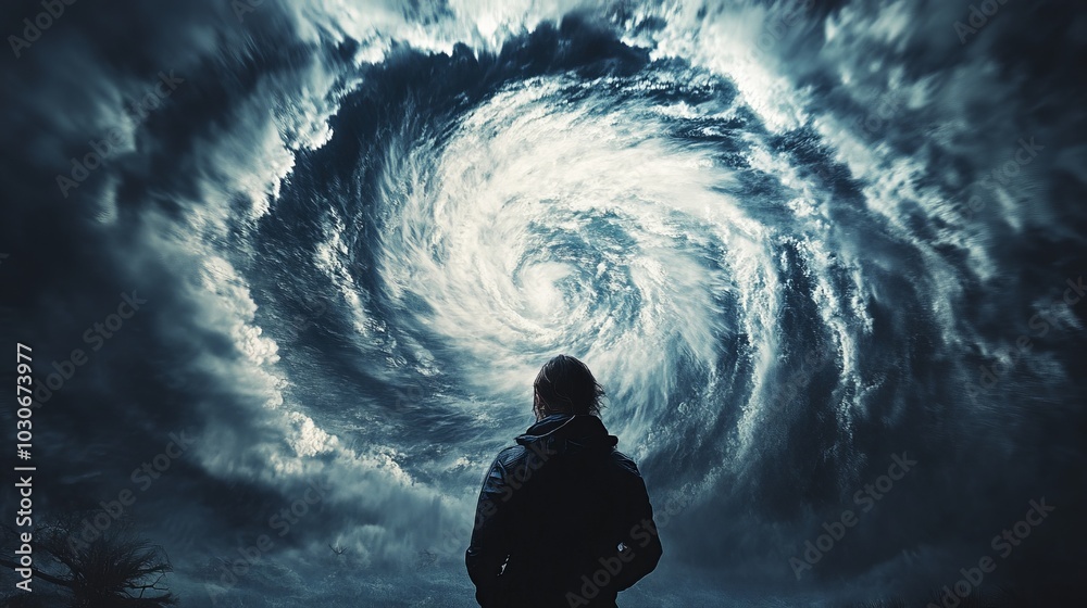 Obraz premium A person stands in front of a huge hurricane, facing the powerful forces of nature, with strong winds and swirling dark clouds above their head. Showcasing the primal power of natural disasters