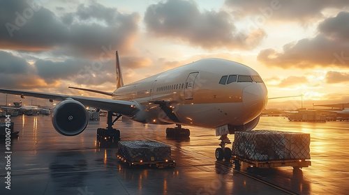 Airplane at sunset with cargo, reflecting on wet runway.