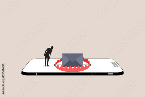 Businessman look email pitfall or mouse trap. Concept of scam mail and phishing