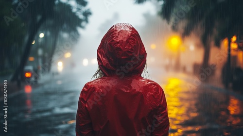 A person stands in front of a huge hurricane, facing the powerful forces of nature, with strong winds and swirling dark clouds above their head. Showcasing the primal power of natural disasters photo