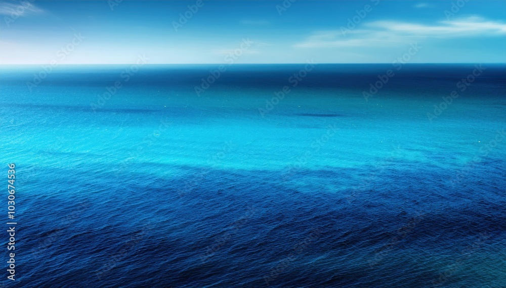 Obraz premium Vivid Ocean Gradient. Turquoise and Deep Blue Sea Waters Converge under a Clear Horizon. Perfect for Coastal Tranquility Concepts, Nature Scenes, or Oceanic Travel Destinations