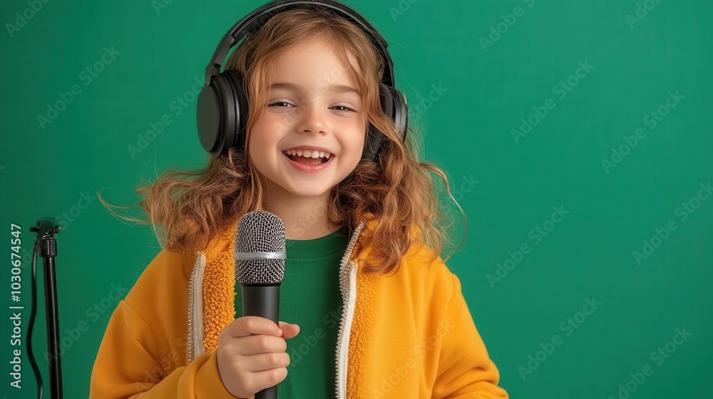 Happy child with headphones holds a microphone, singing joyfully against a vibrant green background. Happy child with headphones holds a microphone, singing joyfully against a vibrant green background.
